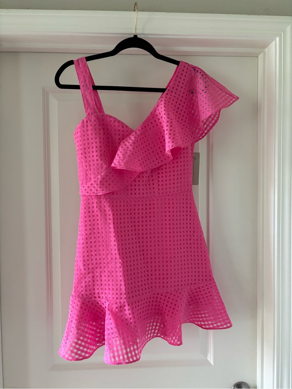 Lizard Thicket Hot Pink One-Shoulder Eyelet Ruffle Dress